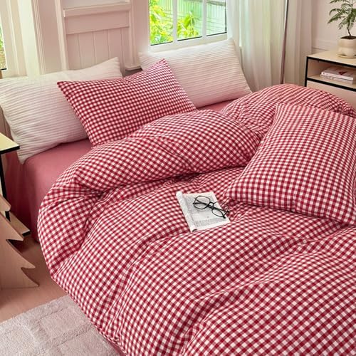 LifeTB Red Gingham Comforter Set Full Modern Style Red Plaid Comforter Set 3 Pieces Soft Fluffy Grid Checkered Pattern Comforter with 2 Pillowcases Vintage Luxury Soft Gingham Bedding Comforter Full
