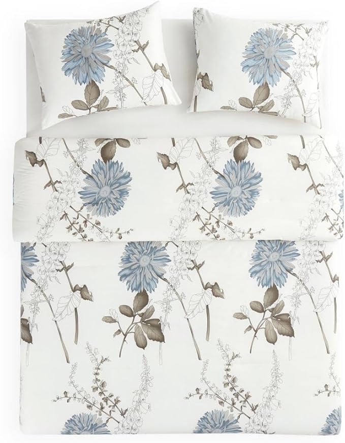 Wake In Cloud - Floral Comforter Set, 100% Cotton Fabric, Vintage Flower Shabby Chic Farmhouse Botanical Cottagecore Sunflower, 3 Pieces Bedding Set, Gray Beige, Twin/Twin XL Size