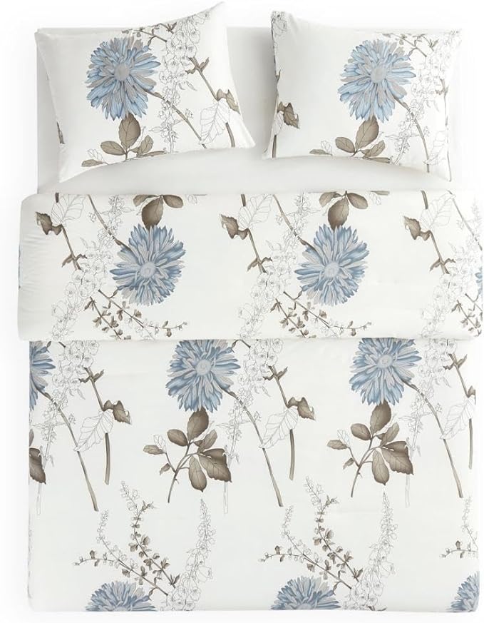 Wake In Cloud - Floral Comforter Set, 100% Cotton Fabric, Vintage Flower Shabby Chic Farmhouse Botanical Cottagecore Sunflower, 3 Pieces Bedding Set, Gray Beige, Full Size