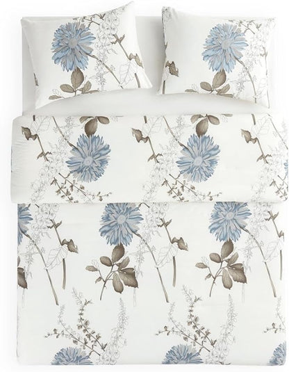 Wake In Cloud - Floral Comforter Set, 100% Cotton Fabric, Vintage Flower Shabby Chic Farmhouse Botanical Cottagecore Sunflower, 3 Pieces Bedding Set, Gray Beige, Full Size