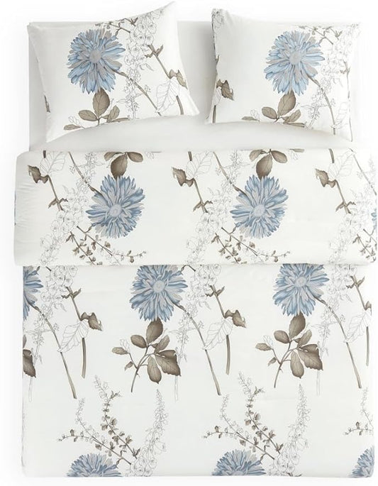 Wake In Cloud - Floral Comforter Set, 100% Cotton Fabric, Vintage Flower Shabby Chic Farmhouse Botanical Cottagecore Sunflower, 3 Pieces Bedding Set, Gray Beige, Full Size