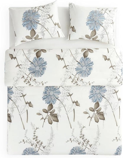 Wake In Cloud - Floral Comforter Set, 100% Cotton Fabric, Vintage Flower Shabby Chic Farmhouse Botanical Cottagecore Sunflower, 3 Pieces Bedding Set, Gray Beige, California King Size