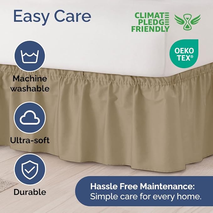 Wrap Around Dust Ruffle Bed Skirt - Beige - Twin/Twin XL Size Beds with 12 Inch Drop - Easy Fit Elastic Strap - Adjustable Pleated Bedskirt w/Brushed Fabric - Wrinkle Free - Women, Men, Kids & Teens