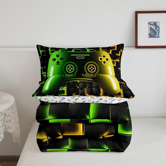 Erosebridal Gamer Comforter Sets for Boys,King Size Bedding Sets for Boys Girls Kids 3D Gaming Geometric Comforter,Game Console Lightweight Microfiber Duvet Quilt,Neon Yellow Black Green Glowing