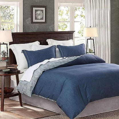 SLEEPBELLA Comforter Twin Size, 600 Thread Count Cotton Navy & Grey Leaves Reveisible Comforter Sets, Down Alternative Bedding Set 2Pcs(Twin, Navy&Blue Leaves)