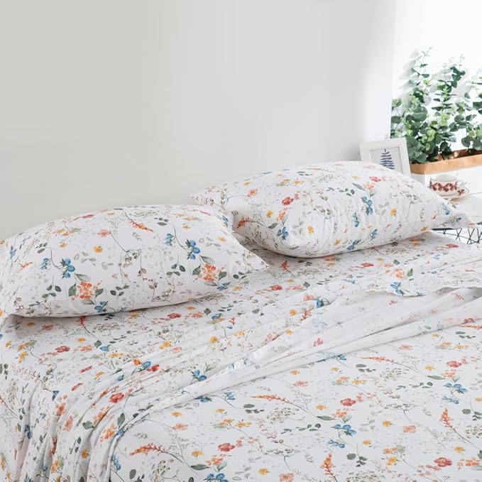 DAUAOTO King Size Printed Sheets Set, 100% Cotton Bedding Sets, Up to 14" Deep Mattress, Farmhouse Pattern Bedlinen Set, Botanical Garden