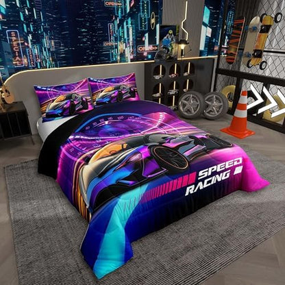 Erosebridal Race Car Bedding Set Boys Extreme Sports Comforter Set for Kids Boys Cool Car Sports Quilt Set 1 Comforter with 2 Pillowcases King Size,Hot Pink Blue and Black