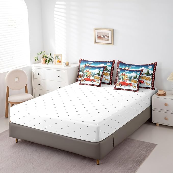 Cartoon Christmas Truck Comforter Set Bed in a Bag 7 Pieces Queen,Watercolor Snowman Santa Claus Bedding Set, Cabin (Comforter+Fitted+Flat Sheet+2 Pillowcases+2 Throw Pillow Covers)