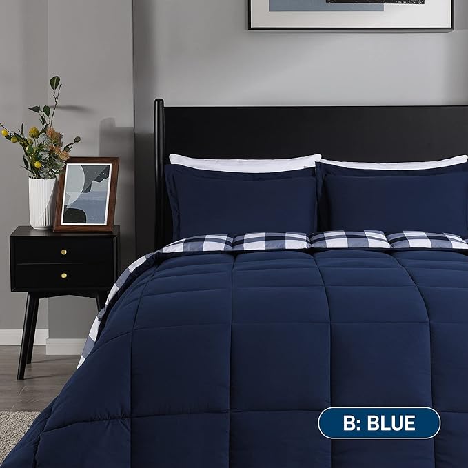 downluxe Lightweight Plaid Comforter Set (Twin) with 1 Pillow Sham - 2-Piece Set - Blue/White Plaid - Down Alternative Reversible Comforter