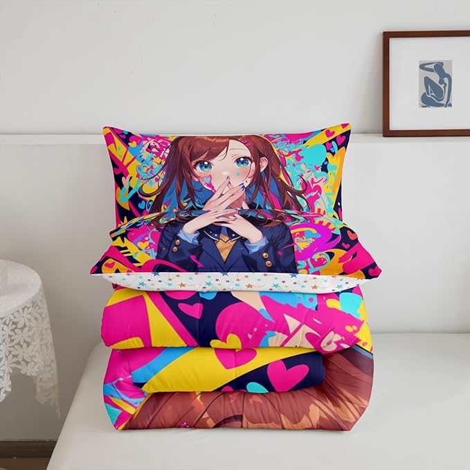 Erosebridal Anime Girl King Bedding Set, Japanese Anime Comforter Set 3 Piece for Kids Girls Teens Adult Bedroom Decor, Cartoon Girl Quilt Kawaii Japanese Animation Bedding Comforter Sets