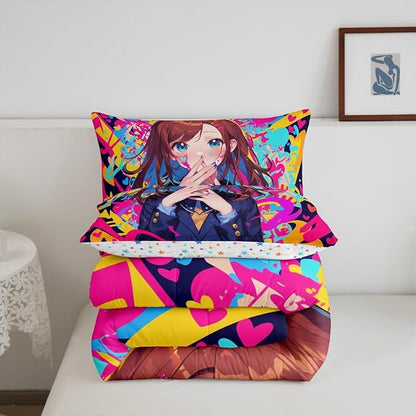 Erosebridal Anime Girl Twin Bedding Set, Japanese Anime Comforter Set 3 Piece for Kids Girls Teens Adult Bedroom Decor, Cartoon Girl Quilt Kawaii Japanese Animation Bedding Comforter Sets