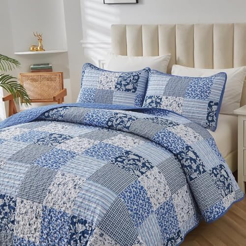 Mybedsoul Blue Quilt Set Twin Size Dorm Bedding, Patchwork Bedding Set