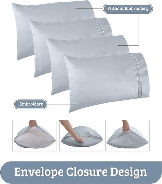YIYEA California King Pillow Cases Set of 4, Ultra Soft 1800TC Hotel Quality Double Brushed Microfiber Embroidered Pillowcases, Envelope Closure, Fade Resistant (20"x40", Blue)