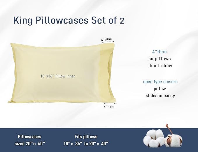 Pillow Cases, King Size Cotton Percale Weave Pillowcases, Pre-Shrunk Breathable and Hypoallergenic Pillowcases, Set of 2 (2 Piece King 20 Inch x 40 Inch, Beige)