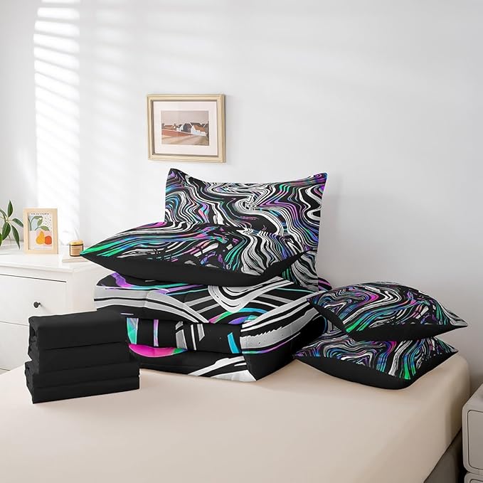 Neon Stripes Bedding Sets Colorful Gradient Geometric Lines Comforter Set for Kids Teens Adults All Season (Comforter Flat Sheet Fitted Sheet 2 Pillowcases 2 Throw Pillow Covers) Queen 7 Pcs