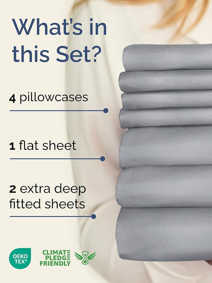 Extra Deep Split King Sheet Set - 7 Piece Breathable and Cooling Sheets - Hotel Luxury Bedding for Women, Men, Kids & Teens - Easy Secure Fit - Soft & Wrinkle Free - Extra Deep Pockets - Steel Blue