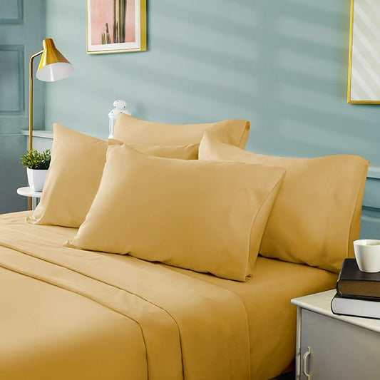 BYSURE 6 Pieces Bed Sheets Set(Full, Gold) - Hotel Luxury Super Soft 1800 Thread Count 100% Microfiber Sheets with Deep Pockets, Wrinkle & Fade Resistant