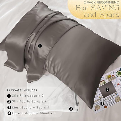 PROMEED 100% Silk Pillowcase 2 Pack, Zipper Closure, 23 Momme 3rd Gen Grade 6A+ Mulberry Silk Pillow Case Set of 2, Real Silk Pillow Cases for Hair and Skin (King 20"x36", Grey)