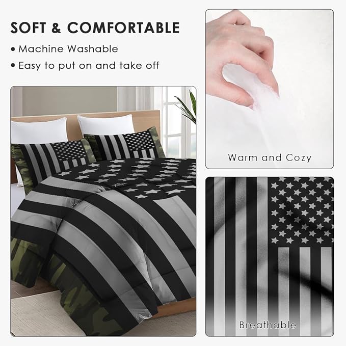 King Size Comforter Set with 2 Pillowcases, Black Military Camouflage American Flag Soft 3 Pcs Bedding for Kids and Adults Bedroom Bed Decor
