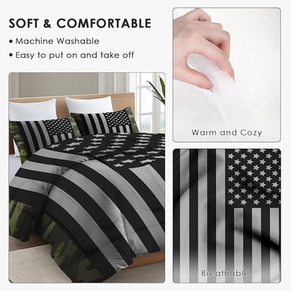 King Size Comforter Set with 2 Pillowcases, Black Military Camouflage American Flag Soft 3 Pcs Bedding for Kids and Adults Bedroom Bed Decor