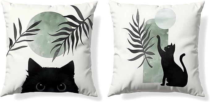Sage Green Cat Throw Pillow Covers 18x18 Set of 2, for Cat Lovers,Boho Black Cat Pillowcases, Aesthetic Green and Black Decor for Dorm Bedroom Office