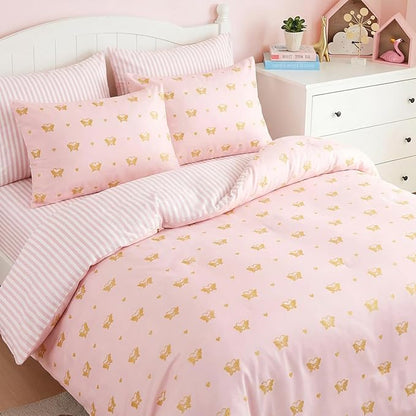 Pink Comforter Set Full Gold Heart Butterfly Bedding Set for Girls Kids, Reversible Pink White Wide Striped Pattern, Coquette Comforter 3 Pieces, with 2 Pillowcases, Soft 100% Microfiber