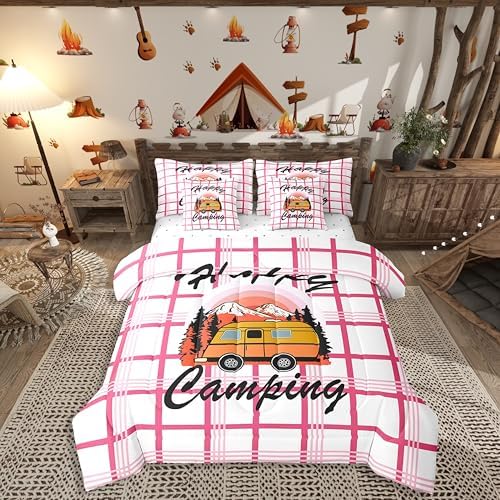 Erosebridal Happy Camping Comforter Set Queen Size,Cartoon RV Bedding Set for Kids Teens,Pink Buffalo Plaid (Comforter+Fitted+Flat Sheet+2 Pillowcases+2 Throw Pillow Covers) 7 Pieces Bed Set