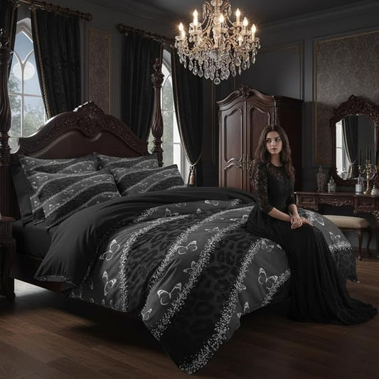 Black Leopard Print Comforter Set King Size,Grey Butterfly Bedding Set with 2 Pillowcases for Adult Women - 3 Pieces Soft Fluffy Breathable Microfiber/Great Bedroom Decor,(104 * 90)
