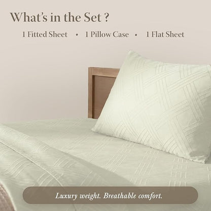 Threadmill Twin Bed-Sheets - 800 Thread Count Jacquard Celine Ivory 100% Natural Cotton 3 Piece Striped Bed Set, Extra Long Staple Cotton, Comfy Damask Sheets with Elasticized Deep Pocket