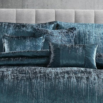 Riverbrook Home Turin Crinkle Velvet Comforter Bedding Set, King Size, Glam Textured Décor, Blue, 7 Pieces