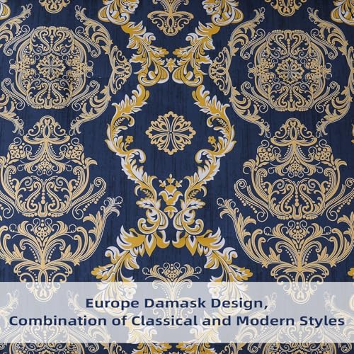 WONGS BEDDING Blue Gold Comforter Set King Size, Damask Texture 7 Pieces Bed in a Bag Microfiber Comforter Bedding Sets -1 Comforter, 1 Flat Sheet, 1 Fitted Sheet, 2 Pillow Shams, 2 Pillowcases