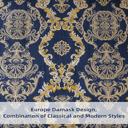 WONGS BEDDING Blue Gold Comforter Set Queen Size,Damask Texture 7 Pieces Bed in a Bag Microfiber Comforter Bedding Sets -1 Comforter, 1 Flat Sheet, 1 Fitted Sheet, 2 Pillow Shams, 2 Pillowcases