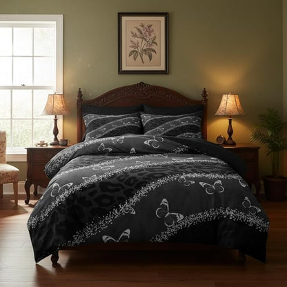 Black Queen Comforter Set with Leopard Print for Girl, Abstract Butterfly Bedding Set with 2 Pillowcases for Adult Women - 3 Pcs Soft Fluffy Breathable Microfiber Set, 90"x90"