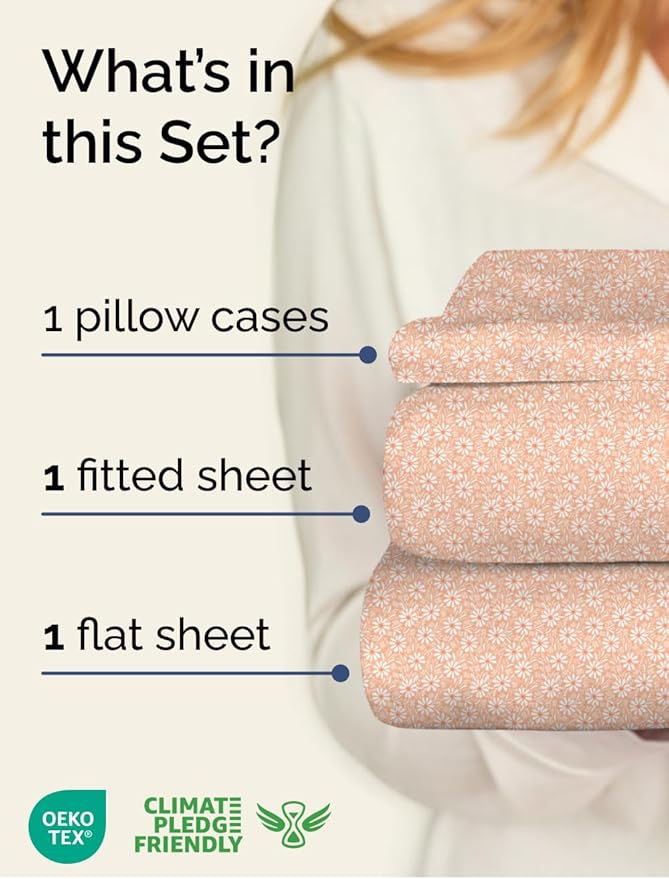 Floral Sheets - Pink & White Bed Sheet Set - 1 Flat, 1 Fitted & 1 Pillowcase w/ Deep Pockets - Comfy, Cozy, Wrinkle & Fade Free - Boho Botanical Bedding - Soft, Breathable & Cooling - Twin XL Size Set