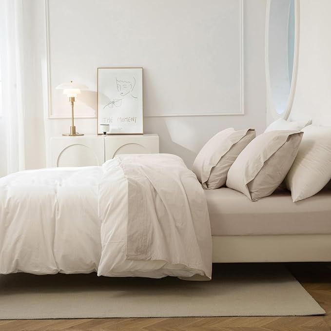 JIYUAN Queen Size Sheet Set, 4-Piece - 100% Washed Cotton, Linen-Like Soft & Breathable, Includes Deep Pocket Fitted & Flat Sheet with 2 Pillowcases, Hotel Quality, Heathered Tannish Linen Grey