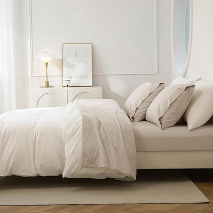 JIYUAN Queen Size Sheet Set, 4-Piece - 100% Washed Cotton, Linen-Like Soft & Breathable, Includes Deep Pocket Fitted & Flat Sheet with 2 Pillowcases, Hotel Quality, Heathered Tannish Linen Grey