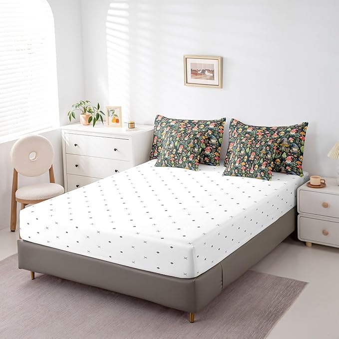 Mushroom Gnome Comforter Set Bed in a Bag 7 Pieces Full,Botanical Leaves Bedding Set for Girls Teens Kids,Colorful Mushroom Plants (Comforter+Fitted+Flat Sheet+2 Pillowcases+2 Throw Pillow Covers)