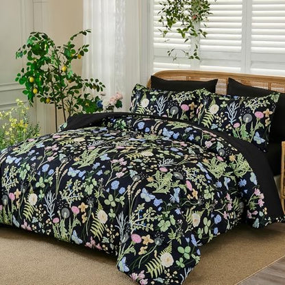 Black Green Floral Comforter Set Queen Size, 7 Piece Botanical Bedding Set