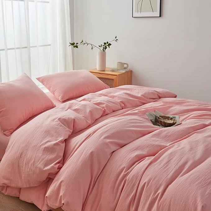 FACE TWO FACE Bedding Duvet Cover Set 3 Pieces 100% Washed Cotton Duvet Cover Linen Like Textured Breathable Durable Soft Comfy (California King, Light Pink)