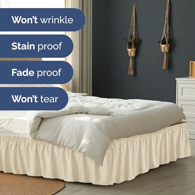 Wrap Around Dust Ruffle Bed Skirt - Off White - for Full Size Beds w/ 15 Inch Drop - Easy Fit Elastic Strap - Adjustable Pleated Bedskirt w/Brushed Fabric - Wrinkle Free - Women, Men, Kids & Teens