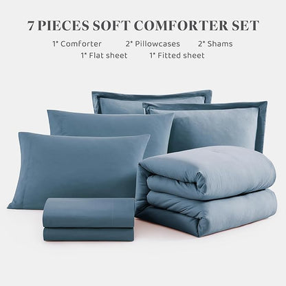 WRENSONGE Queen Comforter Set- 7 Pieces Soft Oxford Blue Bed in a Bag with Fitted Sheet, Flat Sheet, 2 Pillow Shams, and 2 Pillowcases- Warm Bedding Sets Queen for All Season