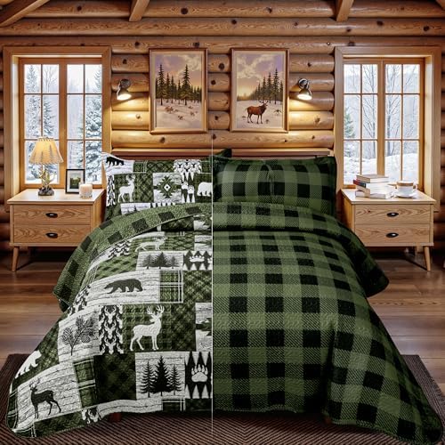 2 Piece Cabin Quilt Sets Twin Size Farmhouse Rustic Reversible Microfiber Soft Lightweight Bedspread Comforter with 1 Sham Patchwork Country Lodge Bedding Quilts Sets for All Season, 68''x86'', Green