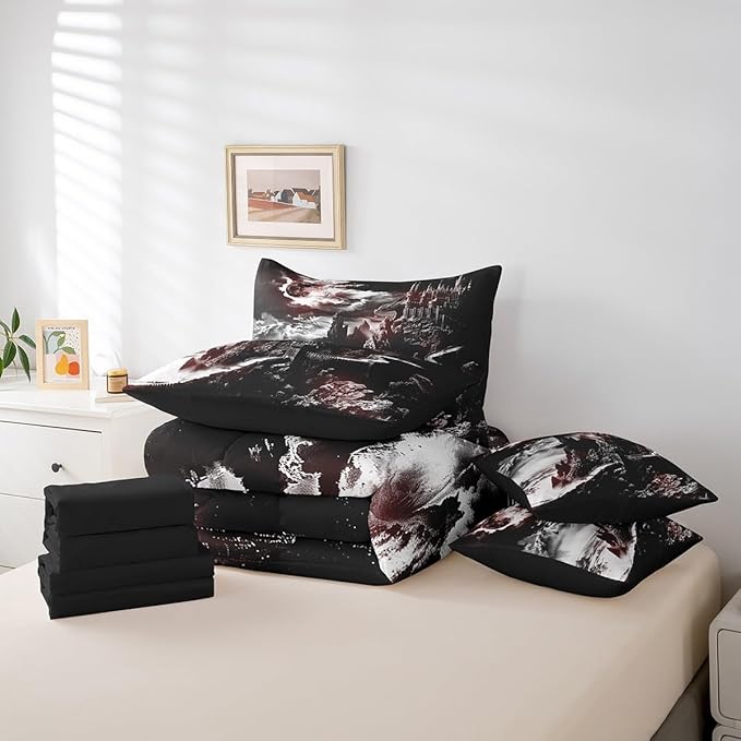 Erosebridal Gothic Dragon Bed in a Bag King Size Comforter Set 7 Pieces,Fantasy Castle Dark Sky Bedding Sets Vintage Mythical Animal Sheet Set with Comforter