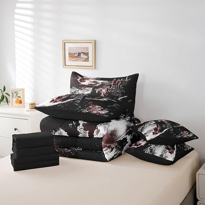 Erosebridal Gothic Dragon Bed in a Bag King Size Comforter Set 7 Pieces,Fantasy Castle Dark Sky Bedding Sets Vintage Mythical Animal Sheet Set with Comforter
