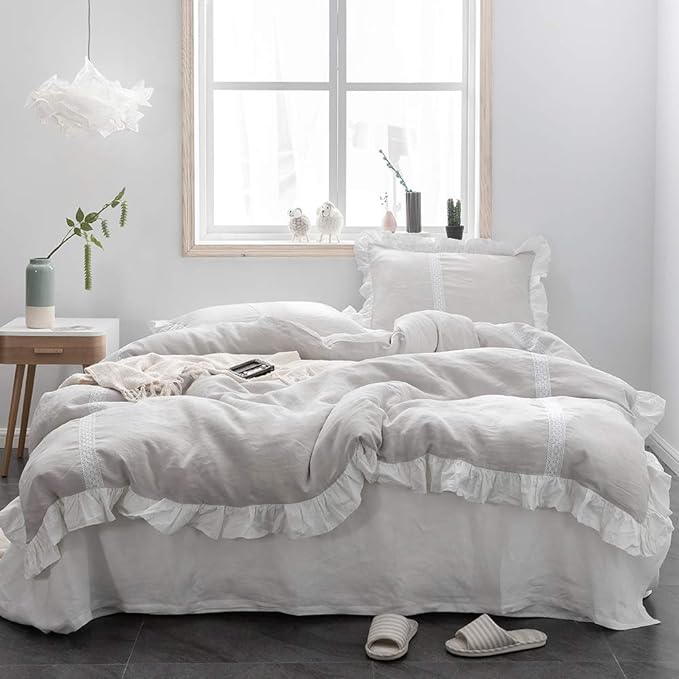 Simple&Opulence 100% Linen Duvet Cover Set (104"x92") Floral Flax King Size, Shabby Chic Ruffle Edge Lace Insert Decoration, 3 Pcs Farmhouse Bedding-1 Comforter Cover 2 Pillow Shams, Floral Grey