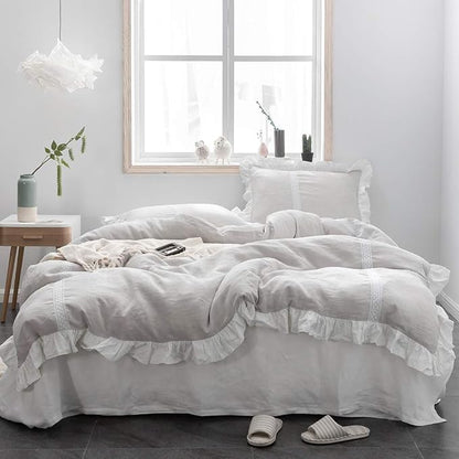 Simple&Opulence 100% Linen Duvet Cover Set (104"x92") Floral Flax King Size, Shabby Chic Ruffle Edge Lace Insert Decoration, 3 Pcs Farmhouse Bedding-1 Comforter Cover 2 Pillow Shams, Floral Grey