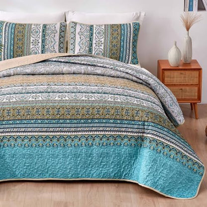 WONGS BEDDING Boho Quilt King Size,3 Pcs Bedspread Bedding Set, Blue Brown