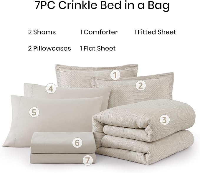 MaiRêve Queen Comforter Set Beige, Crinkle Textured Design Boho Bedding Set 7 Pieces Bed in A Bag, All Season Geometric Comforter Set with Sheets, Pillowcases & Shams