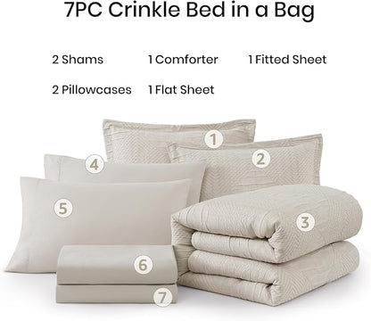 MaiRêve King Comforter Set Beige, Crinkle Textured Design Boho Bedding Set 7 Pieces Bed in A Bag, All Season Geometric Comforter Set with Sheets, Pillowcases & Shams