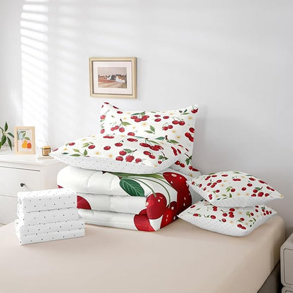 Cherry Twin Comforter Set with Sheets Bed in a Bag 7 Pcs,Red Cherry Fruits Rustic Style Bed Set,Watercolor Daisy Flowers Bedding Sets with Comforter,Flat,Fitted Sheet,Pillowcases,Pillow Covers